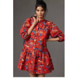 FARM Rio Anthropologie Long-Sleeve Shirt Dress Small Red Mushroom Print Tiered